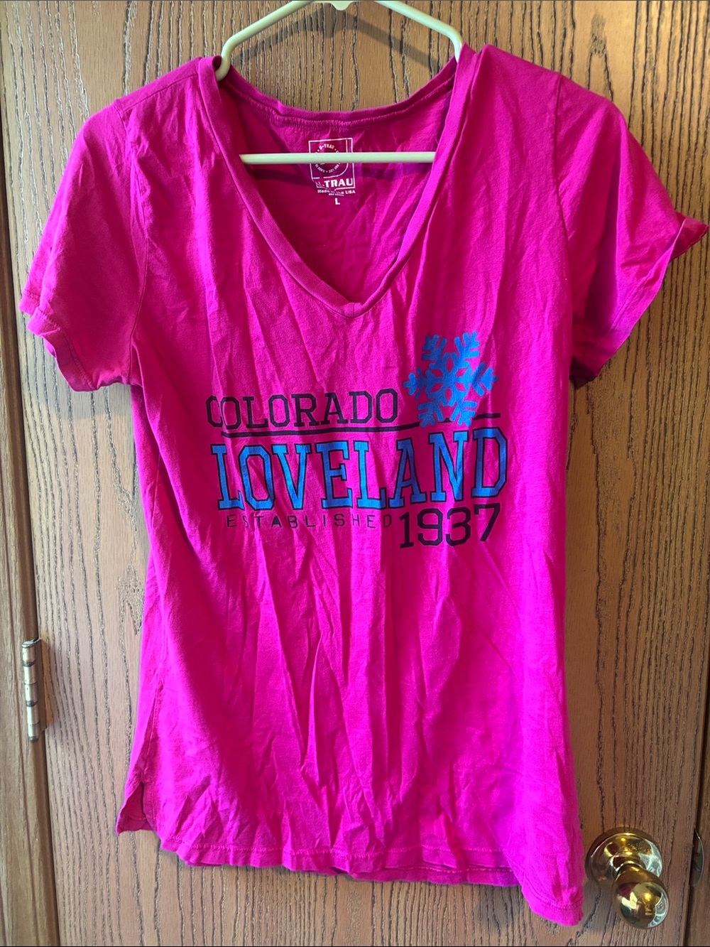 Loveland Colorado Women's V-Neck Tee in Bright Pink